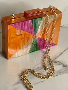 Marble colorful clutch with gold chain strap
